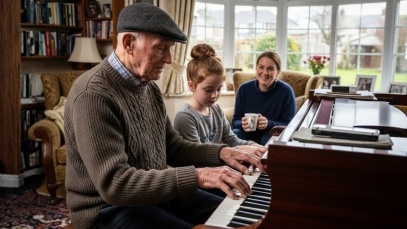 Elderly man playing grand piano with family.
