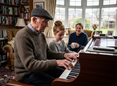 Elderly man playing grand piano with family.