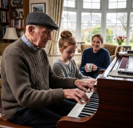 Elderly man playing grand piano with family.