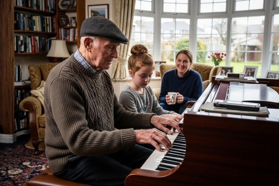 Elderly man playing grand piano with family.