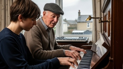 Two people playing piano together. Keyboardist and pianist.