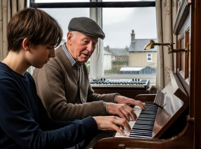 Two people playing piano together. Keyboardist and pianist.