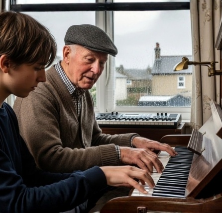 Two people playing piano together. Keyboardist and pianist.