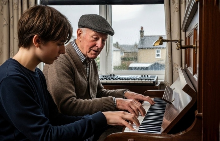 Two people playing piano together. Keyboardist and pianist.