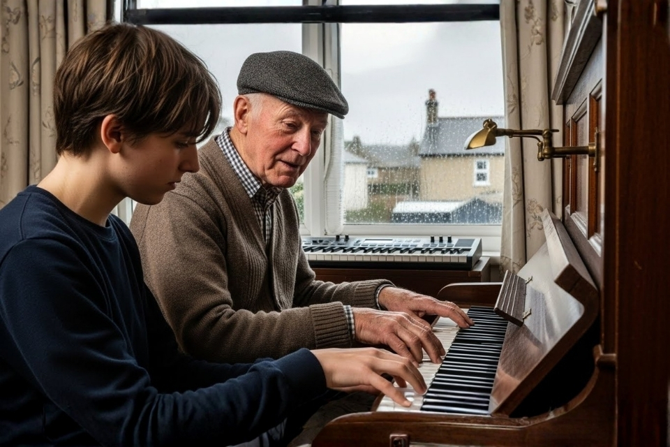 Two people playing piano together. Keyboardist and pianist.