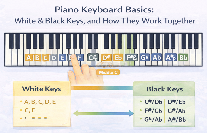 Piano Keyboard Basics, White & Black Keys, and How They Work Together