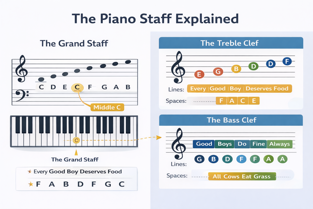Explanation of piano staff and clefs