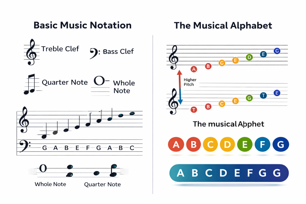 Music notation and musical alphabet overview