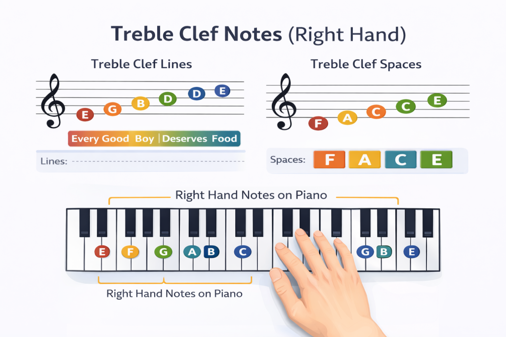 Treble clef notes and piano keys